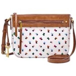 Fossil Farrah Crossbody Bag Heart Print Leather Trim  Purse Y2K 2000s Zip